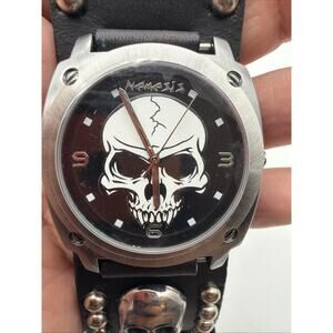 Nemesis MIC926K Analog Skull Dial Watch Wide Black Leather Cuff Band - Read